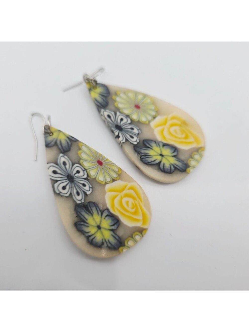 Floral Teardrop Earrings Yellow And Blue Flowers & Rhinestone Polymer 2.75 - Picture 5 of 5